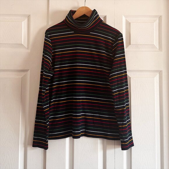 NWOT La Ligne Navy Blue / Multicolored Striped Ribbed Turtleneck - Picture 3 of 6